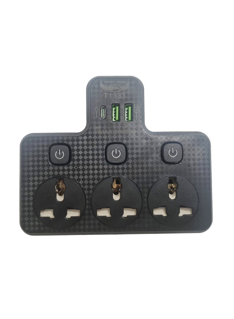 Lucky Hawk محول حائط مع 3 مقابس عالمية، 2 منفذ USB و 1 منفذ Type-C، تمديد متعدد المقابس مع 3 مفاتيح فردية، مقبس طاقة ذكي 2000 واط، شحن سريع 2.1 أمبير للمنزل، المكتب والسفر باللون الأسود - Image 1
